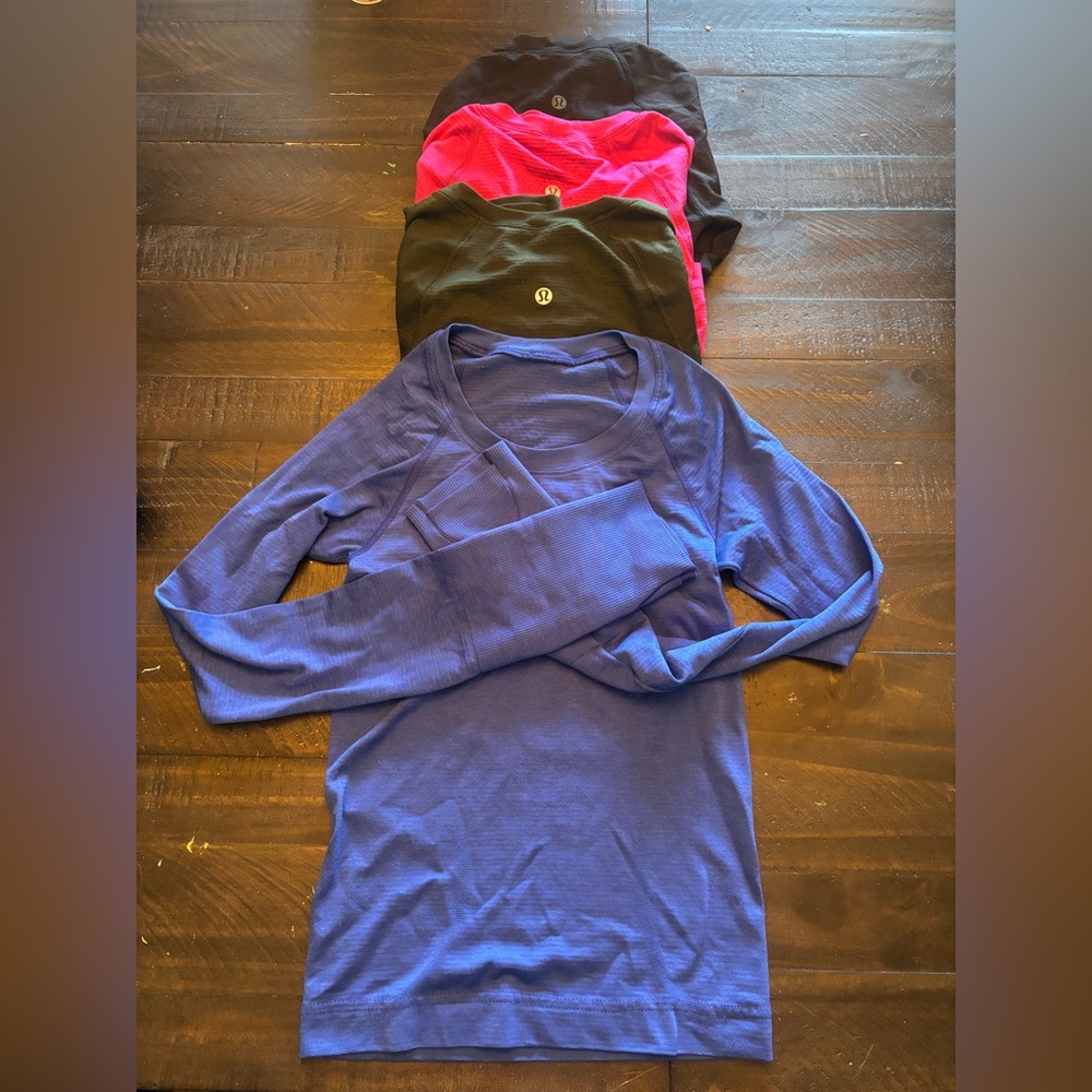 lululemon athletica Swiftly tech Long Sleeve in Blue, Pink, green and Black
